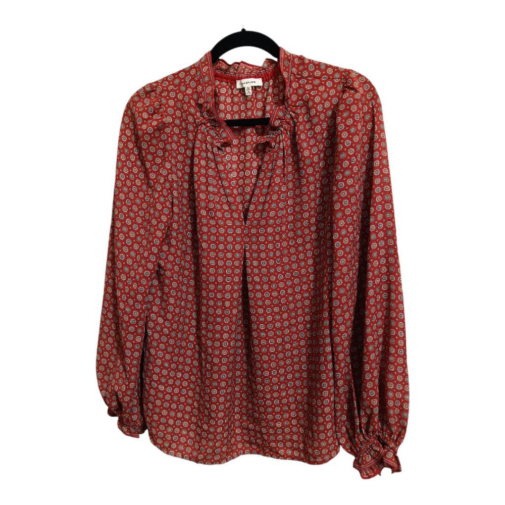 Max Studio Beautiful Print V Neck Blouse with Ruffle Detail in Spice